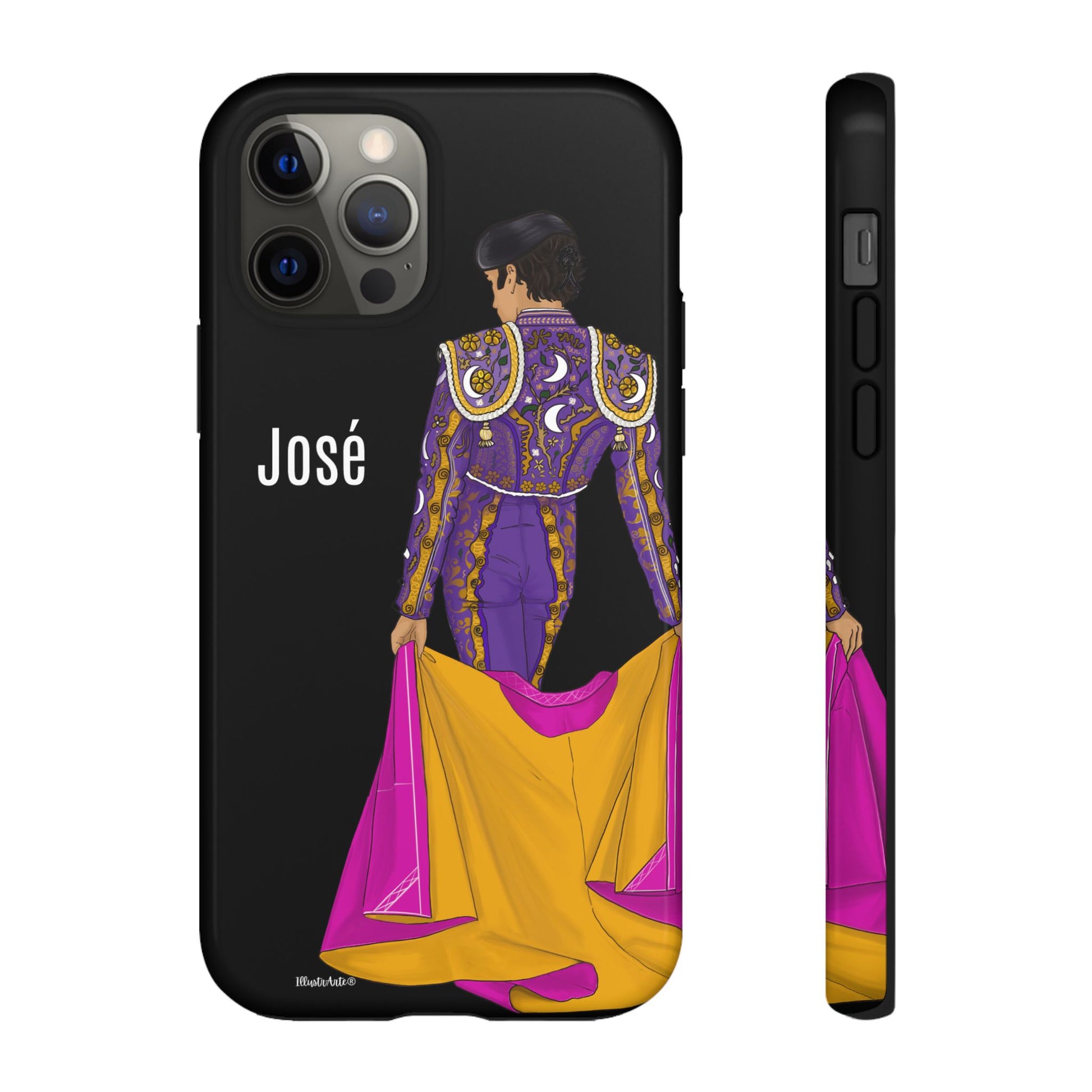 una funda de teléfono con un dibujo de un hombre en un traje morado y amarillo