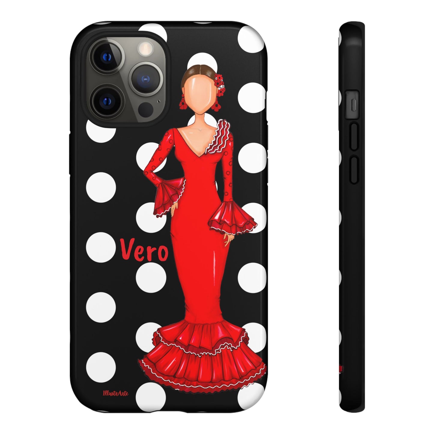 una funda para teléfono con una mujer en un vestido rojo