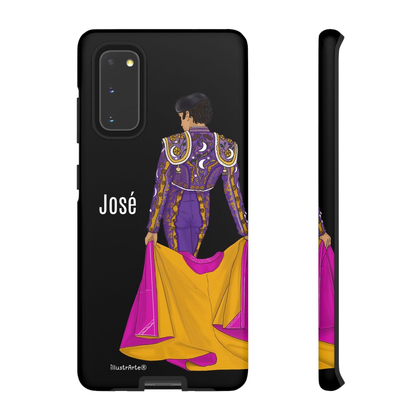 Personalized phone case featuring bullfighter José on a green background – for iPhone, Samsung, Pixel