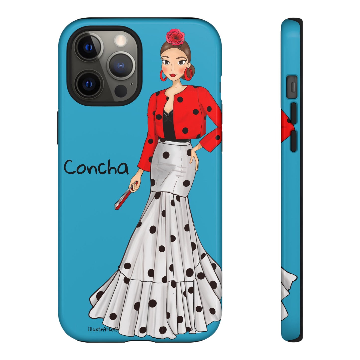 Funda de teléfono personalizable con nombre, Modelo Conchita fondo azul, ideal para dar un toque personal.