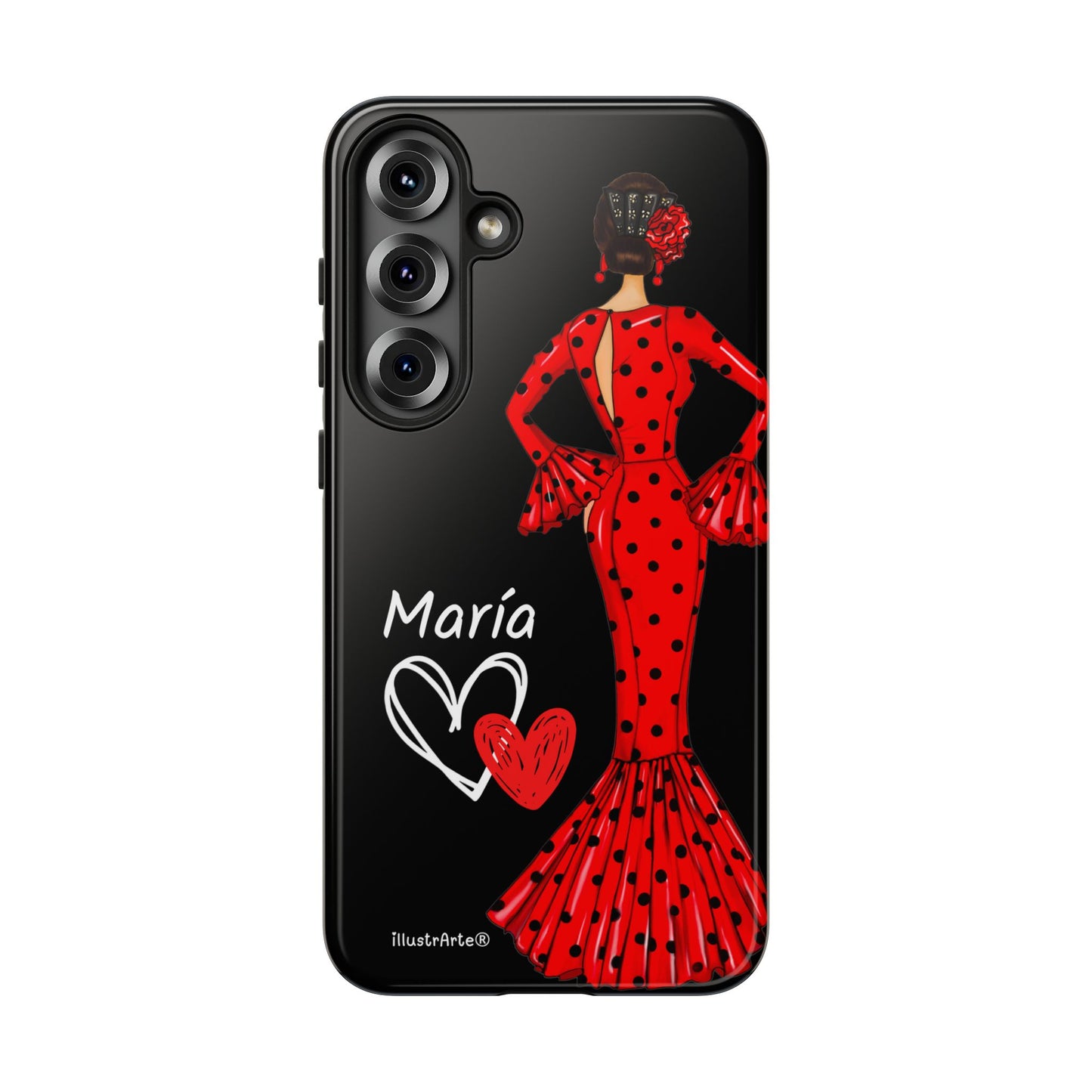 Capa de celular personalizável com nome/bandeira/Virgem - modelo Red Maria com cabelo escuro, fundo preto, para iPhone, Samsung e Google Pixel