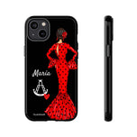 Personalised phone case flamenco dancer María, dark hair, with a little Virgin Mary for iPhone 14 Plus, gloss finish – illustrArte