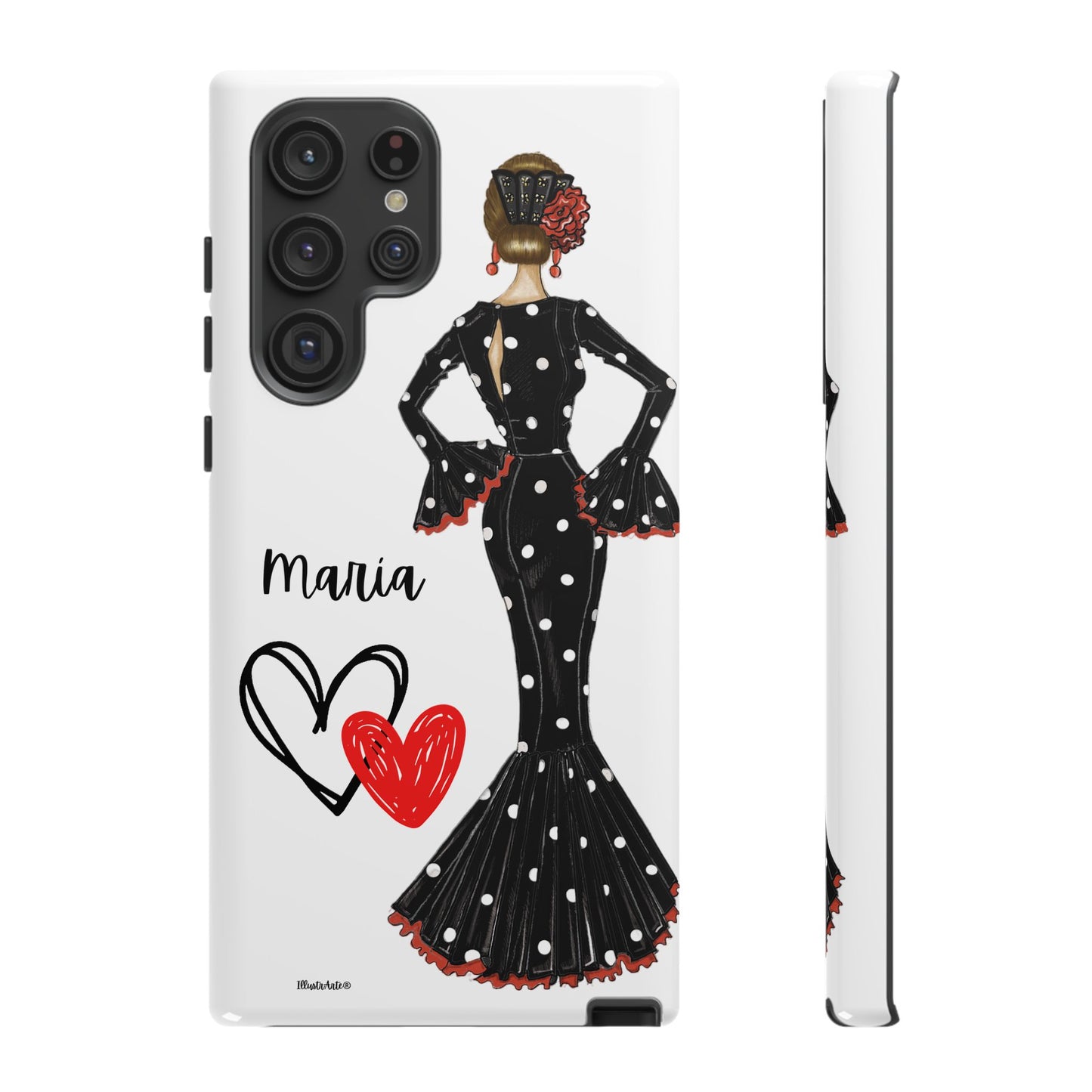 una funda para teléfono con una mujer en un vestido de lunares