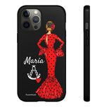 Personalised phone case flamenco dancer María, red dress, with a little Virgin Mary for iPhone 12 Pro Max, gloss finish – illustrArte