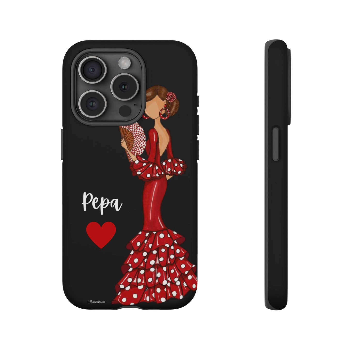 una funda de teléfono con una mujer en un vestido rojo