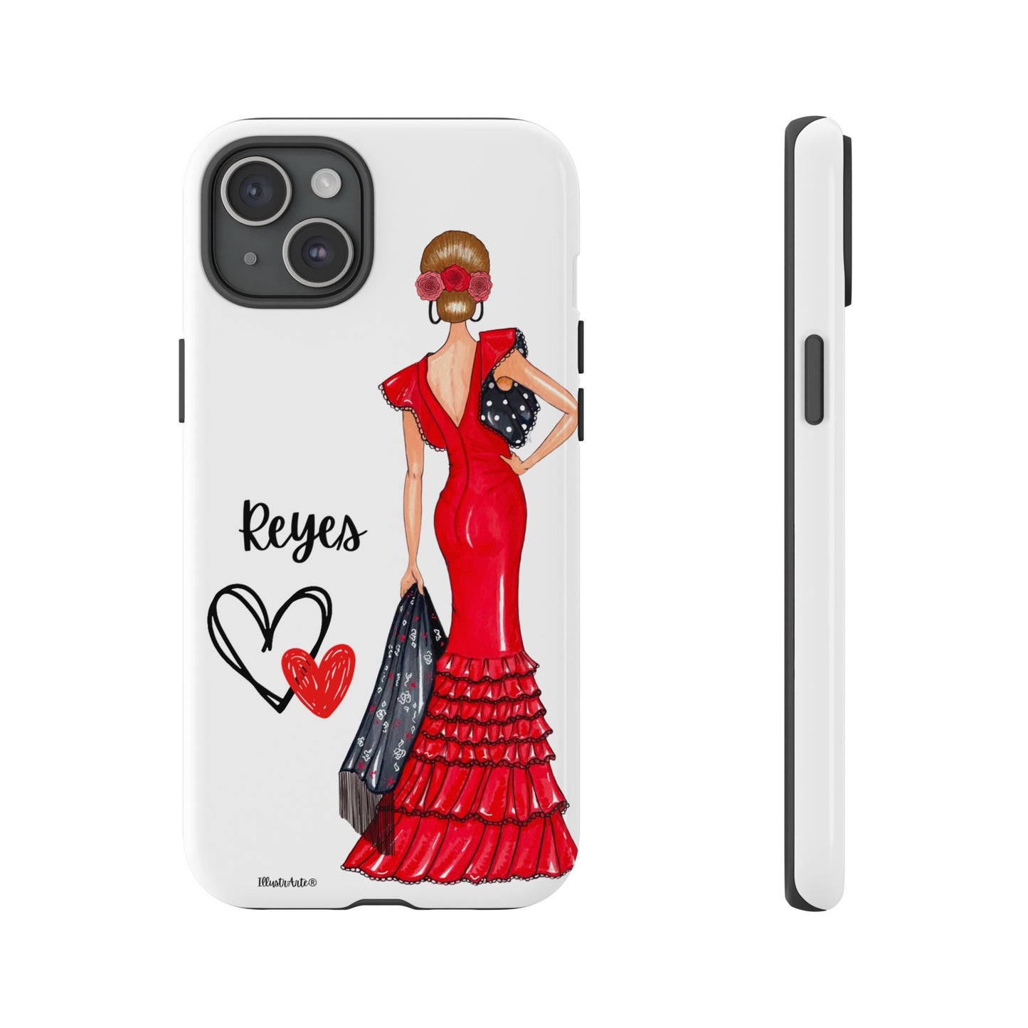 una funda de teléfono con una mujer en un vestido rojo