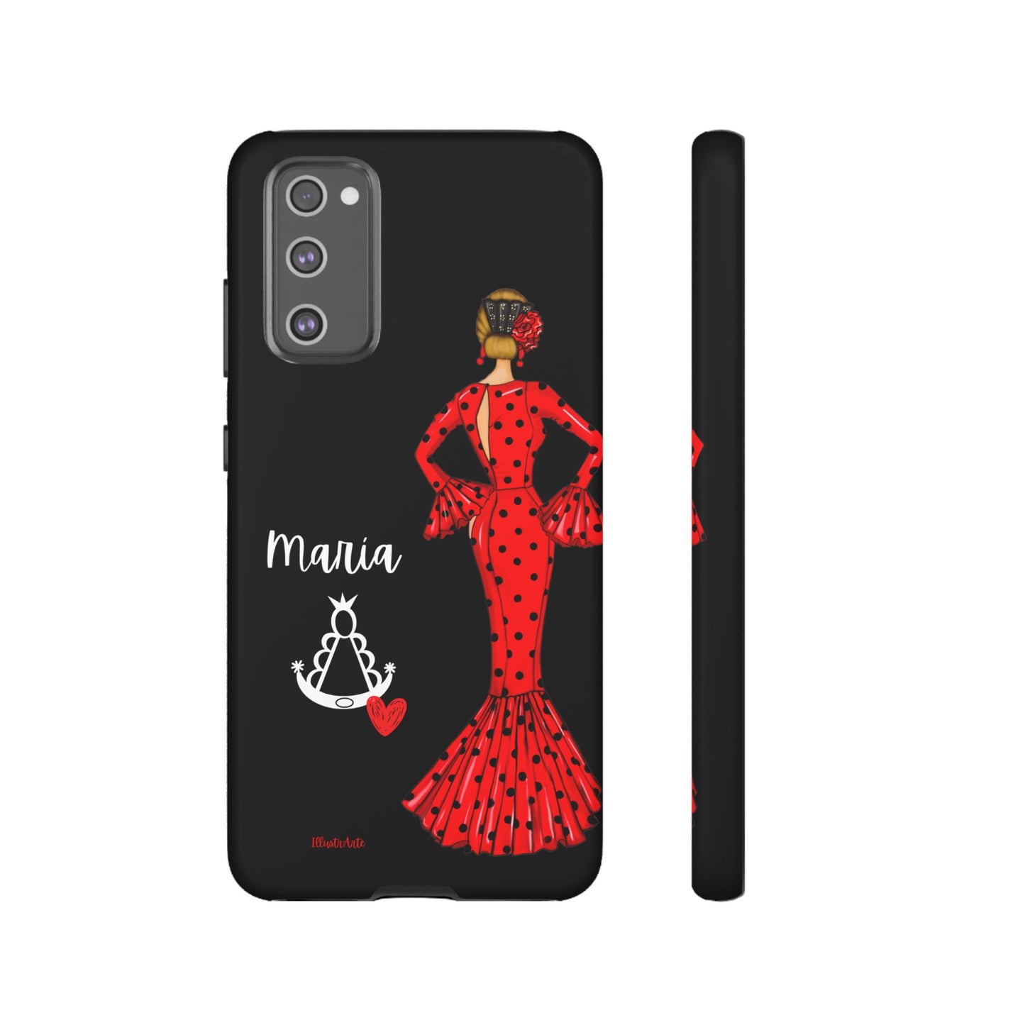 una funda de teléfono con una mujer en un vestido rojo