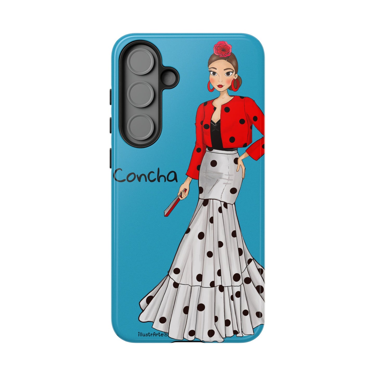 Diseño fresco y alegre en la funda de teléfono, Modelo Conchita fondo azul.