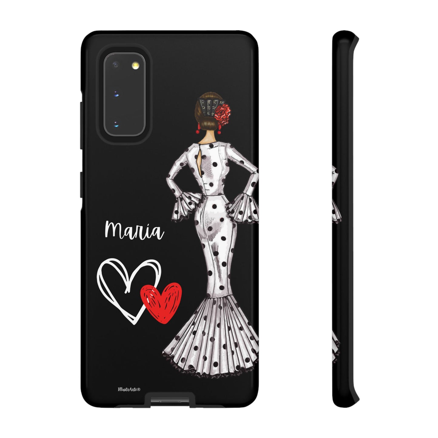 una funda de teléfono con una mujer en un vestido y un corazón