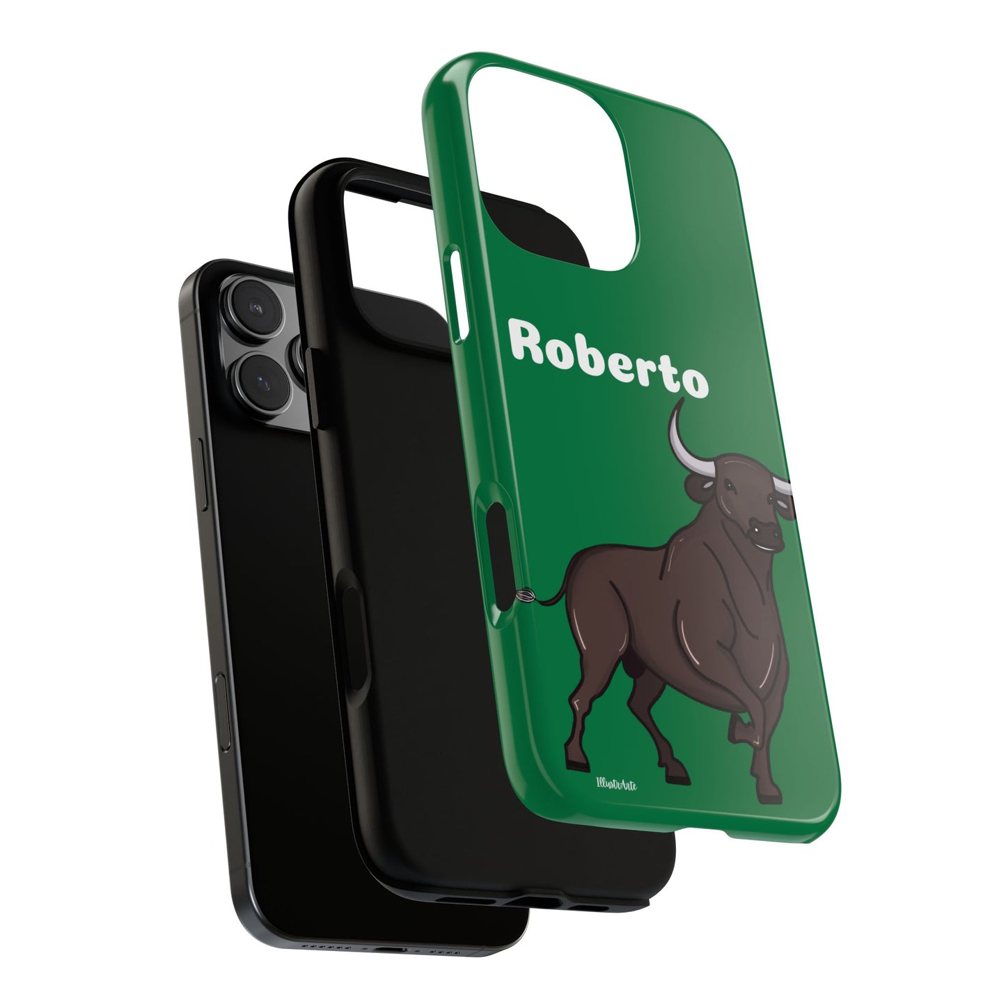 Funda de teléfono personalizable con nombre/bandera/Virgen - Modelo Toro Roberto sobre fondo verde Para iPhone, Samsung Y Google Pixel