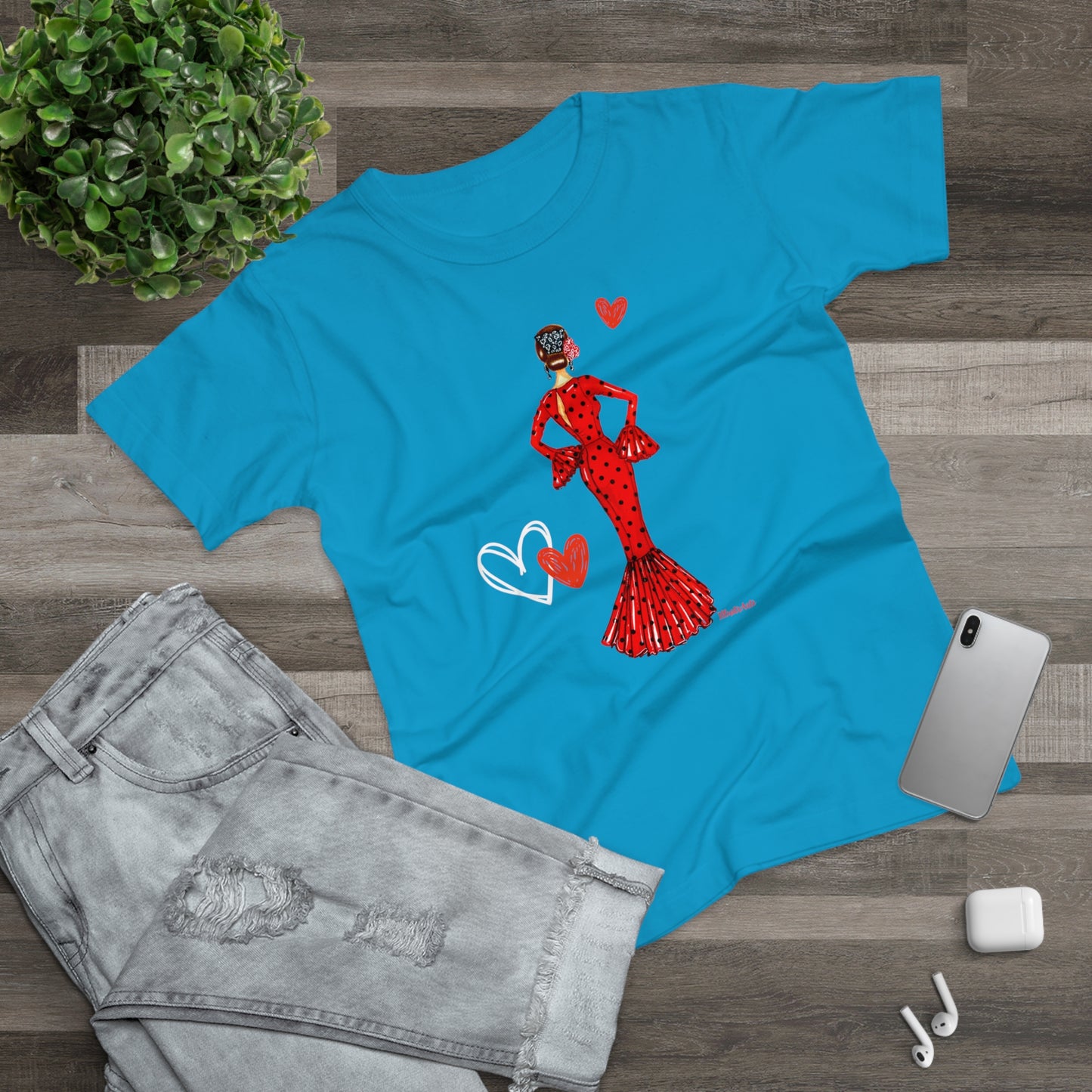 a t - shirt with a picture of a woman in a red dress