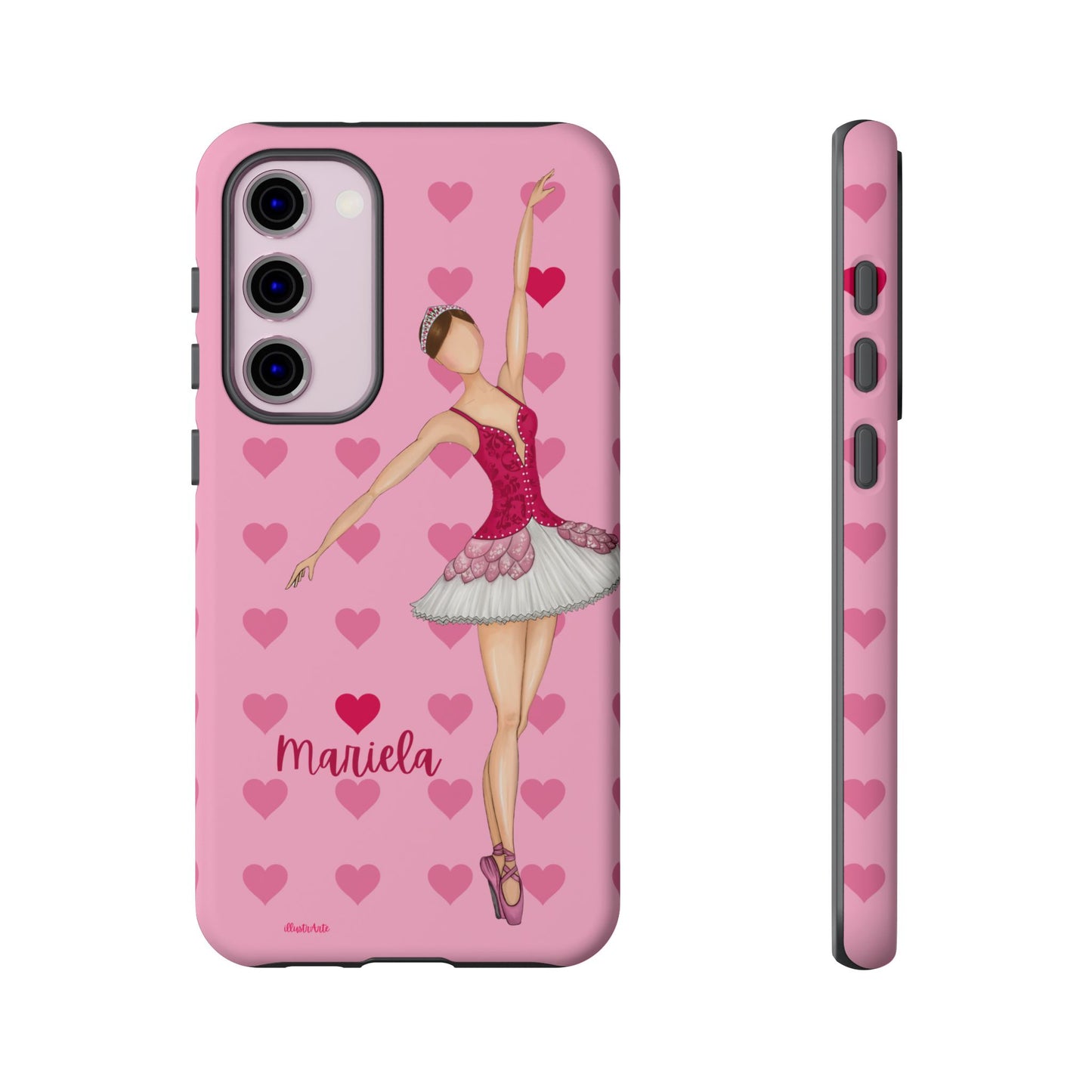 una funda de teléfono rosa con una imagen de una bailarina