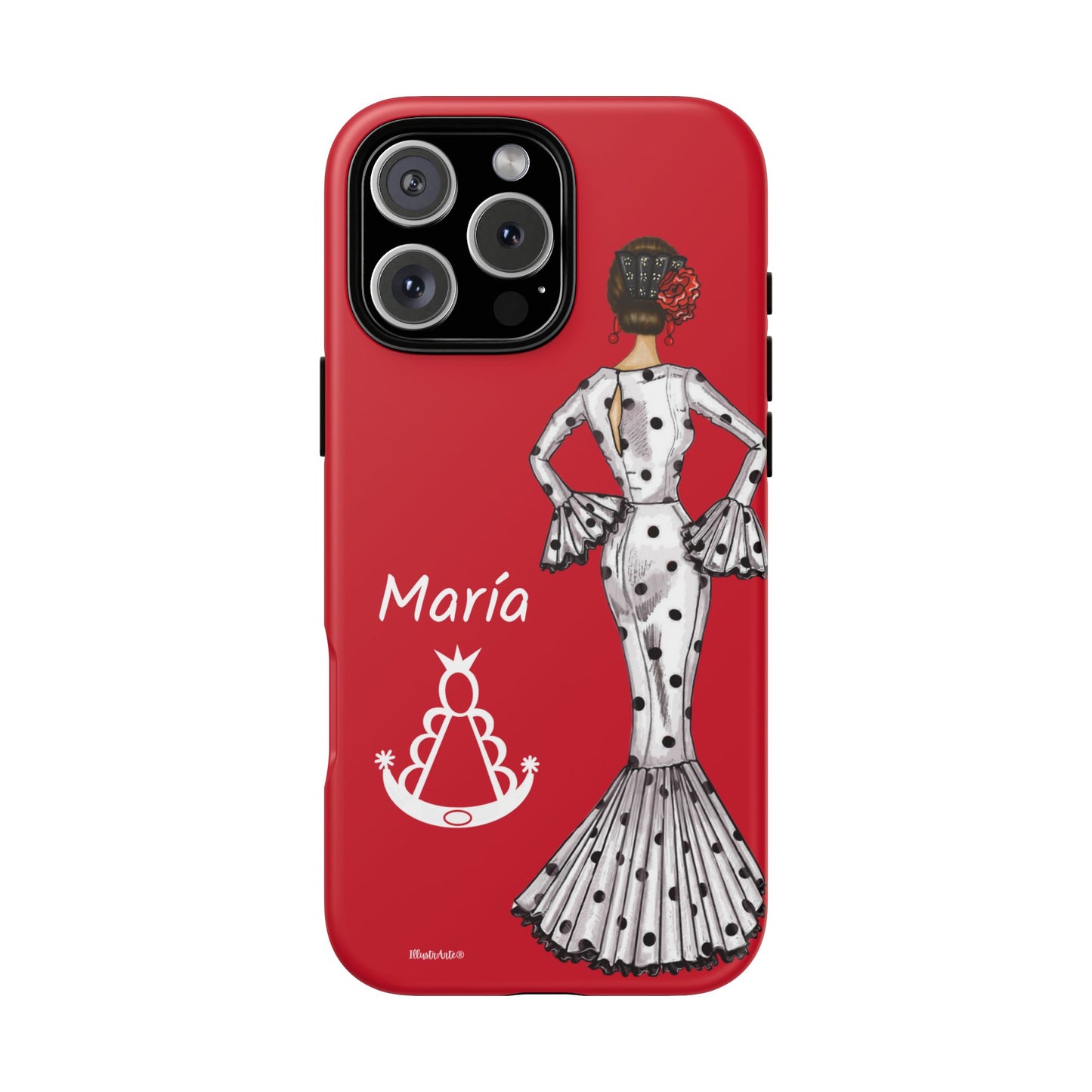 una funda de teléfono roja con una imagen de una mujer en un vestido