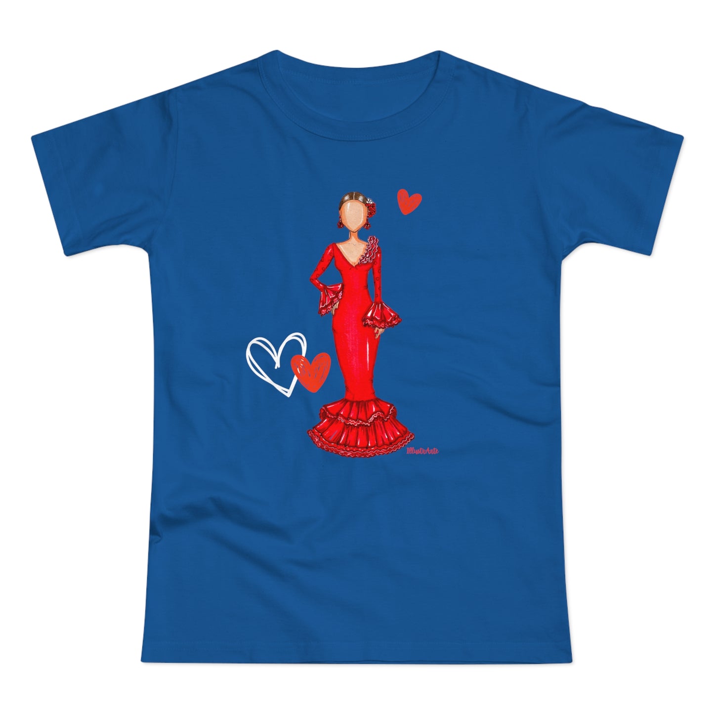 a blue t - shirt with a picture of a woman in a red dress