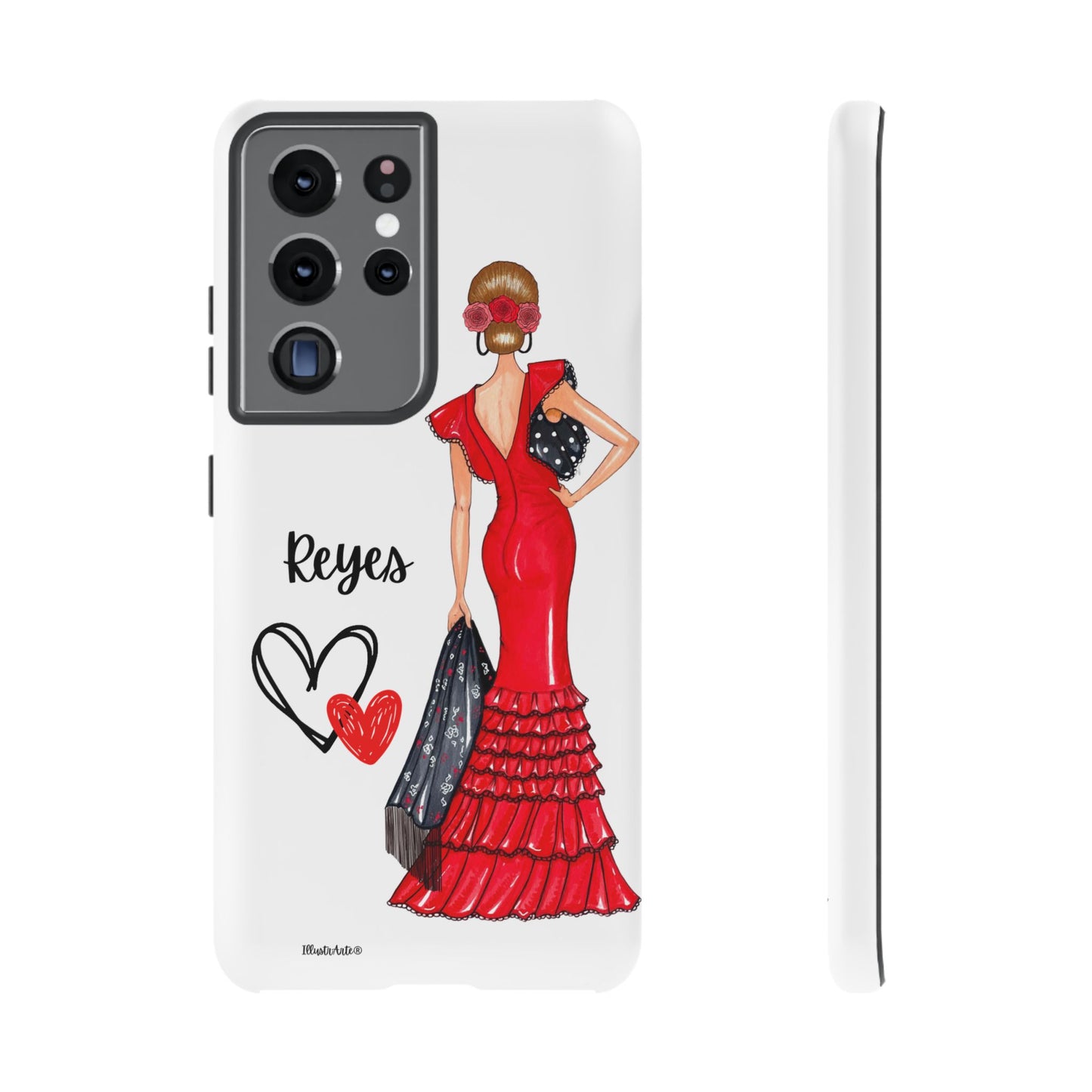 una funda de teléfono con una mujer en un vestido rojo