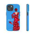 Personalised phone case flamenco dancer Macarena, blue background for iPhone 15, gloss finish – illustrArte