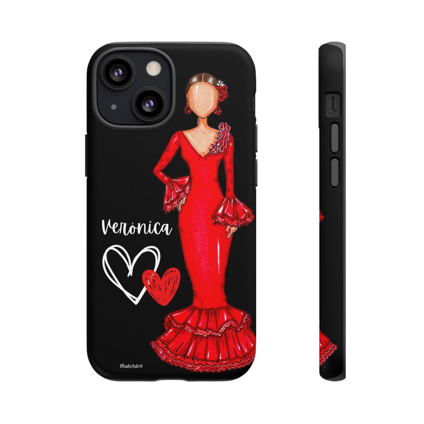 una funda de teléfono con una imagen de una mujer con un vestido rojo