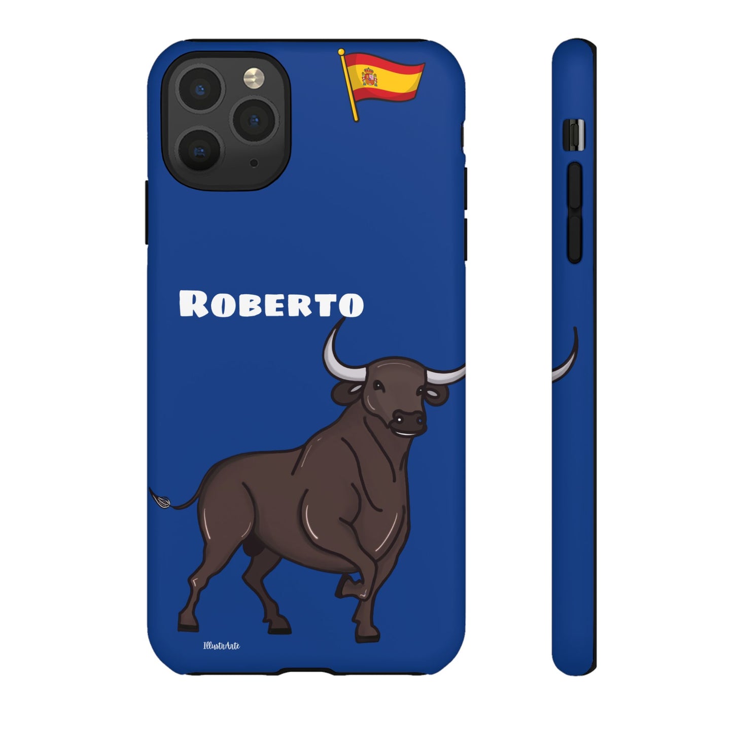 una funda de teléfono azul con un toro en ella