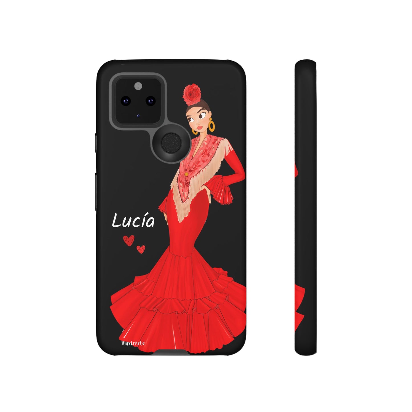 una funda de teléfono con una mujer en un vestido rojo