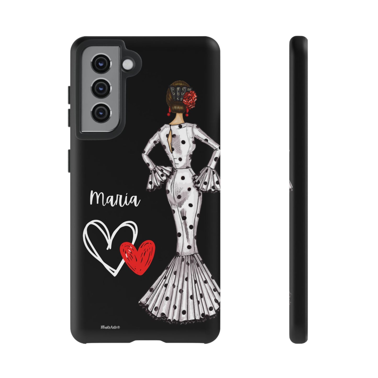 una funda de teléfono con un dibujo de una mujer en un vestido