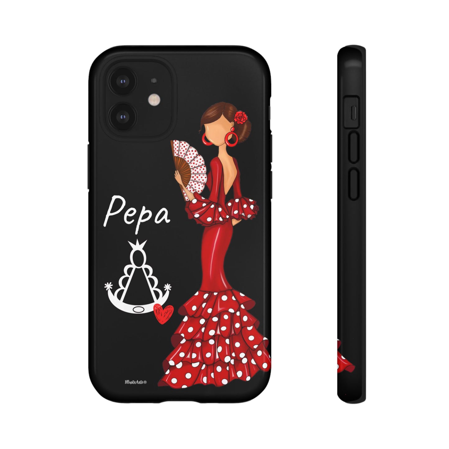 una funda de teléfono con una mujer en un vestido rojo