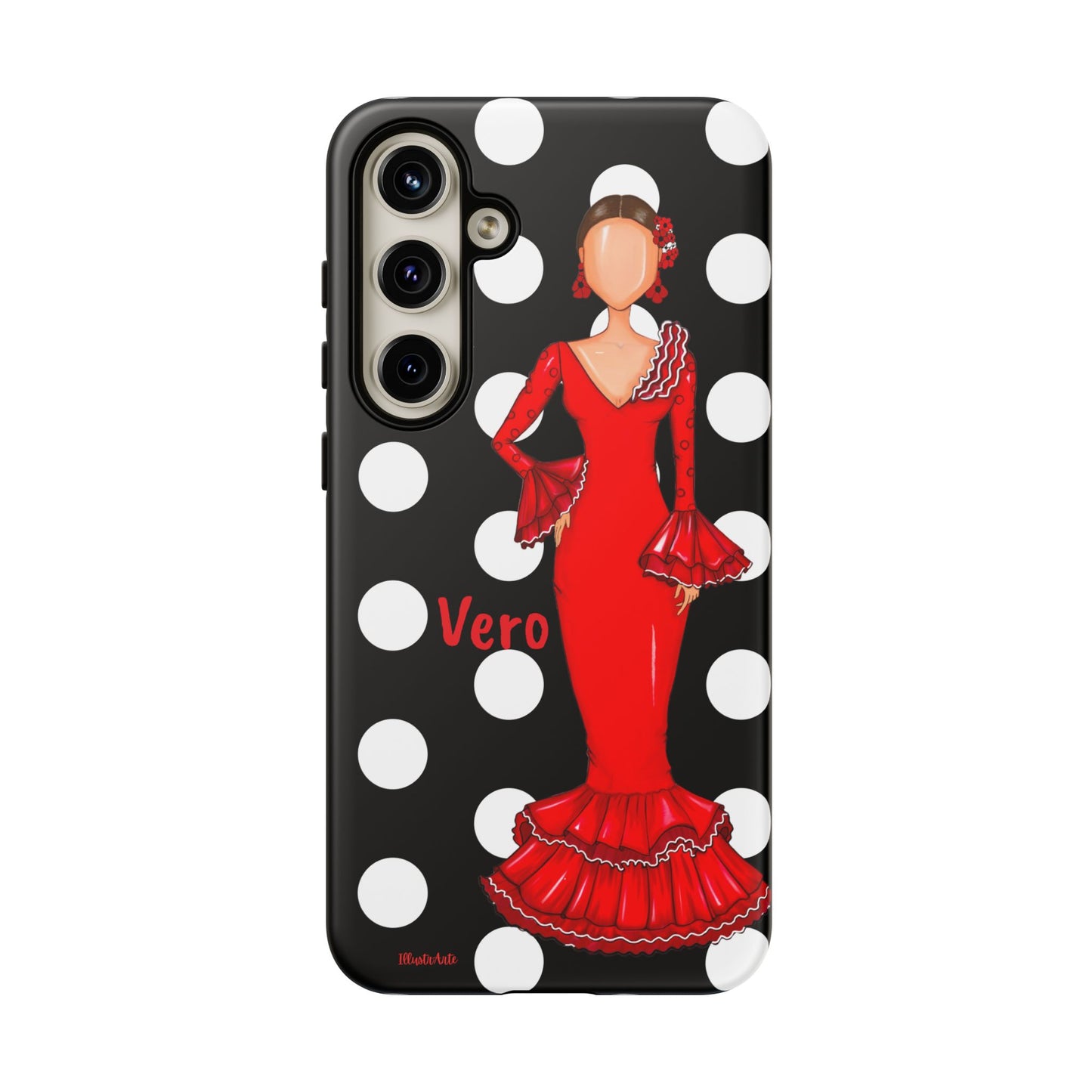 una funda de teléfono a rayas blancas y negras con una mujer en un vestido rojo