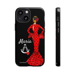 Personalised phone case flamenco dancer María, red dress, with a little Virgin Mary for iPhone 13 Mini, gloss finish – illustrArte