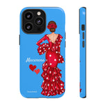 Personalised phone case flamenco dancer Macarena, blue background for iPhone 13 Pro, gloss finish – illustrArte