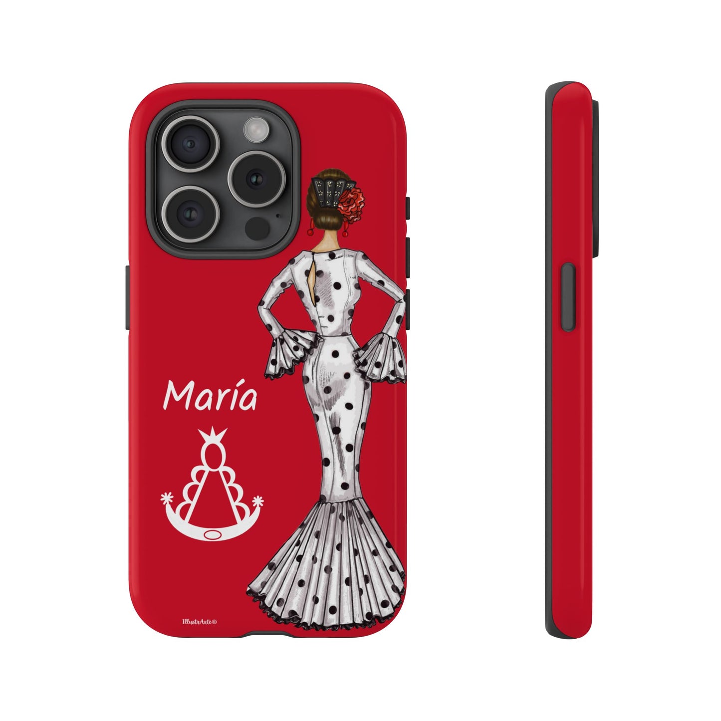 una funda de teléfono roja con una imagen de una mujer