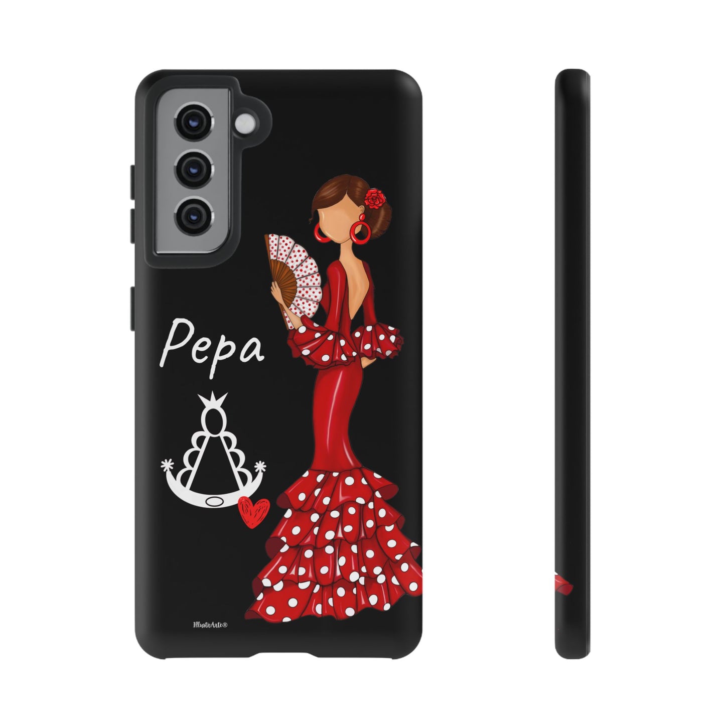 una funda de teléfono con una mujer en un vestido rojo