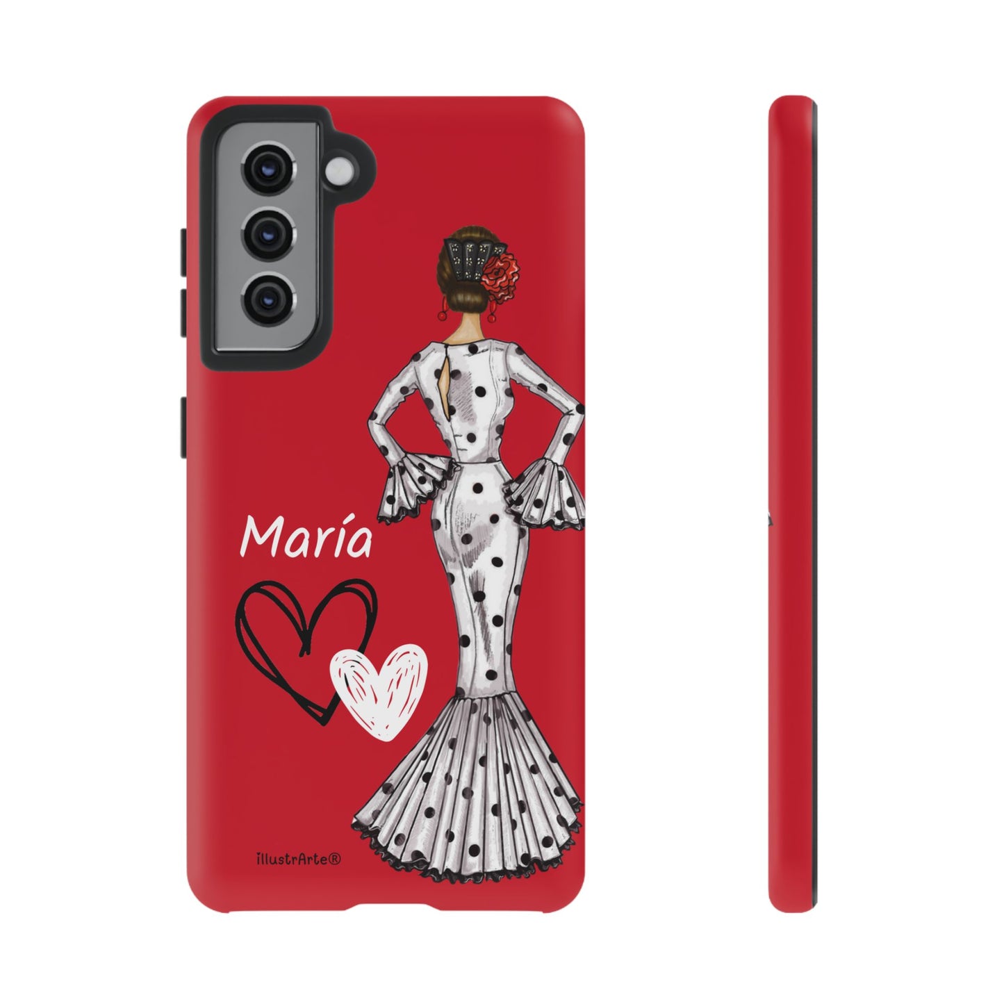 Personalized Maria phone case, white with red hearts background – for iPhone, Samsung, Pixel