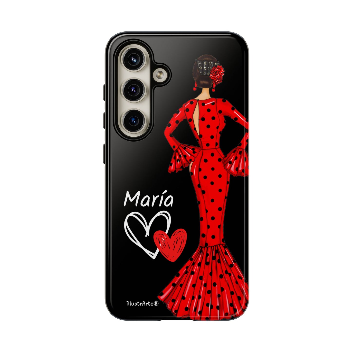 Capa de celular personalizável com nome/bandeira/Virgem - modelo Red Maria com cabelo escuro, fundo preto, para iPhone, Samsung e Google Pixel