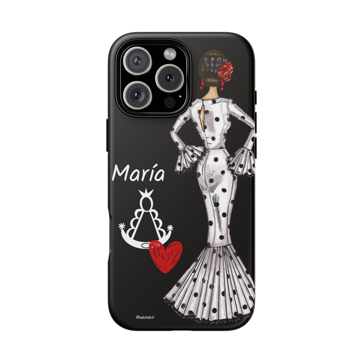 una funda de iphone en blanco y negro con una mujer en un vestido de lunares