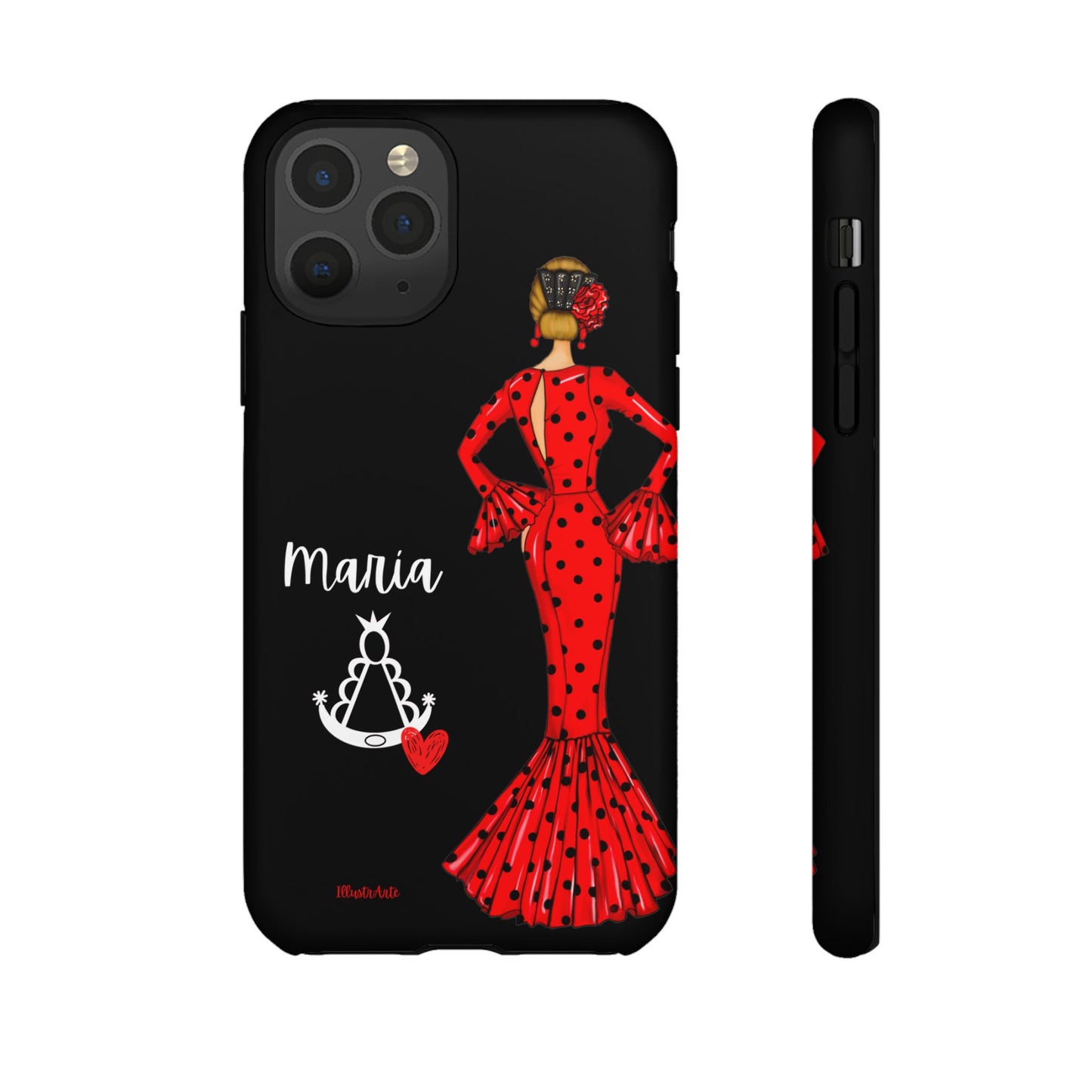 una funda de teléfono con una mujer en un vestido rojo