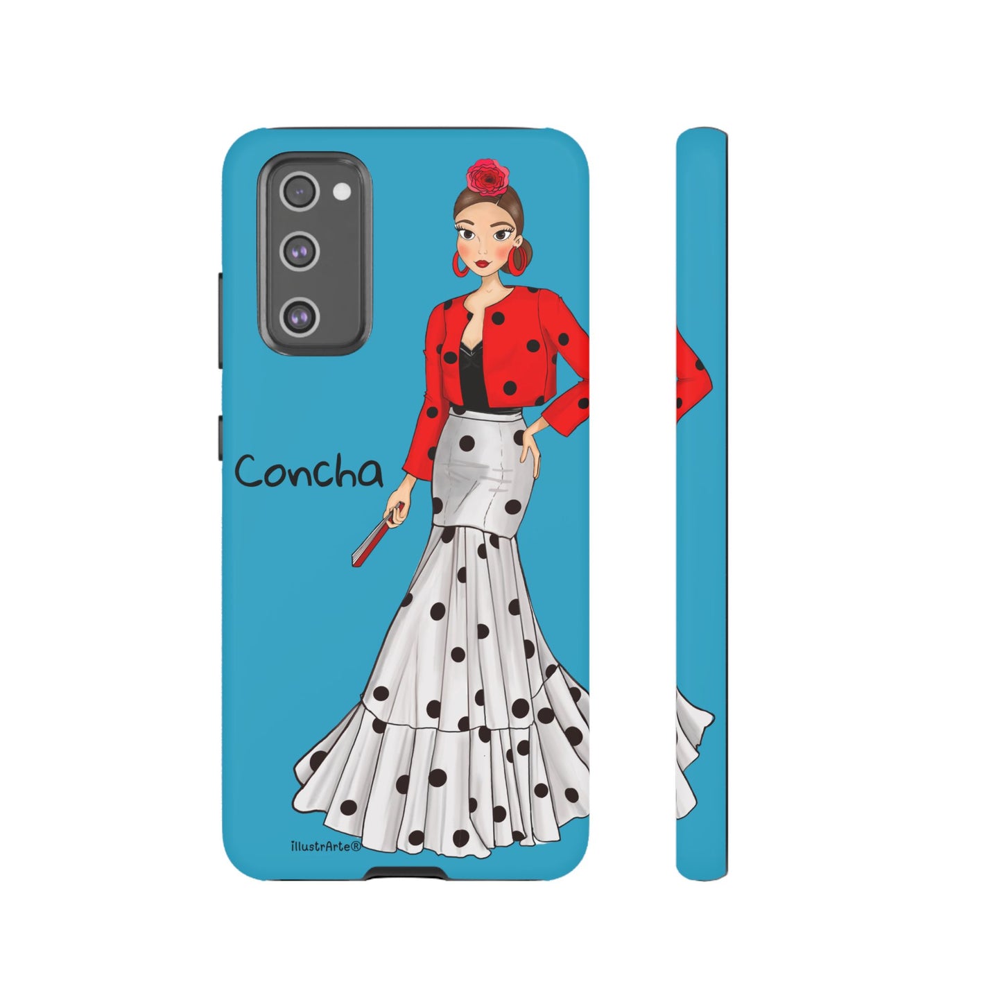 Funda de teléfono personalizada con nombre y Virgen, Modelo Conchita fondo azul, un accesorio único.