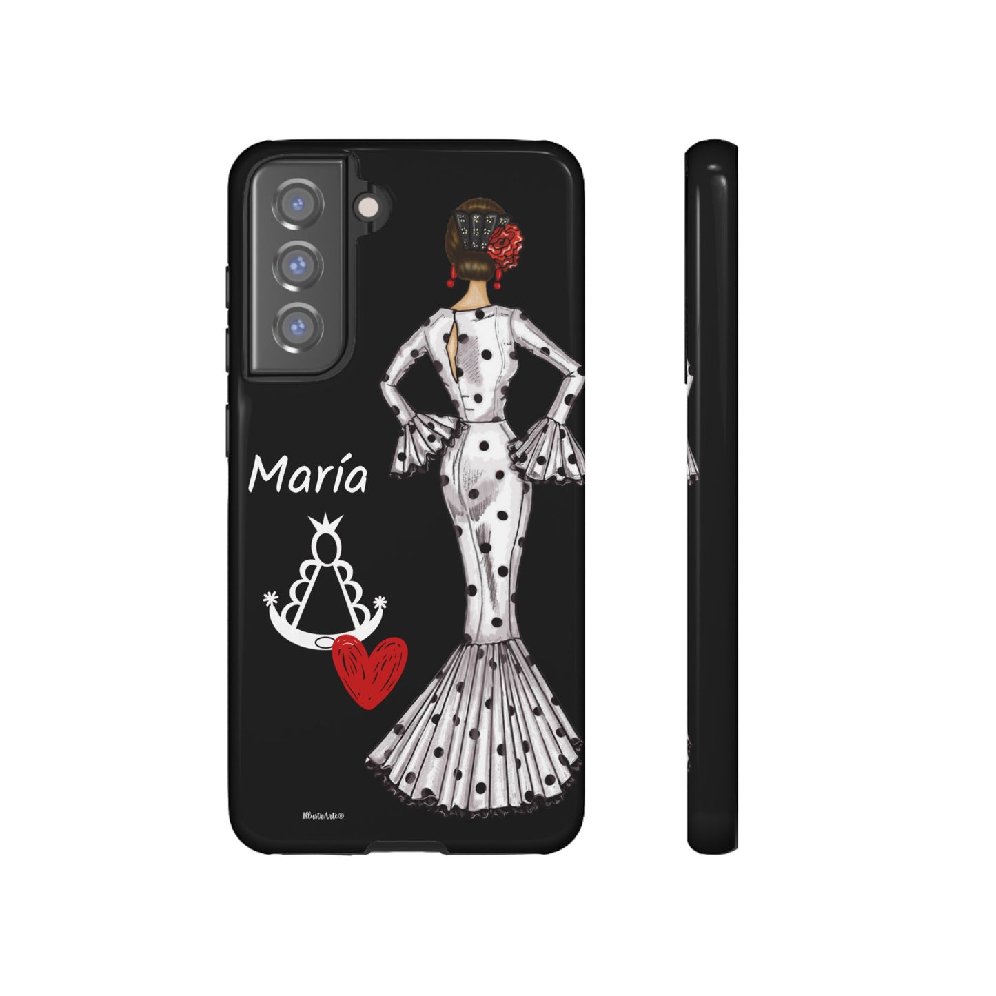 una funda de teléfono con un dibujo de una mujer en un vestido