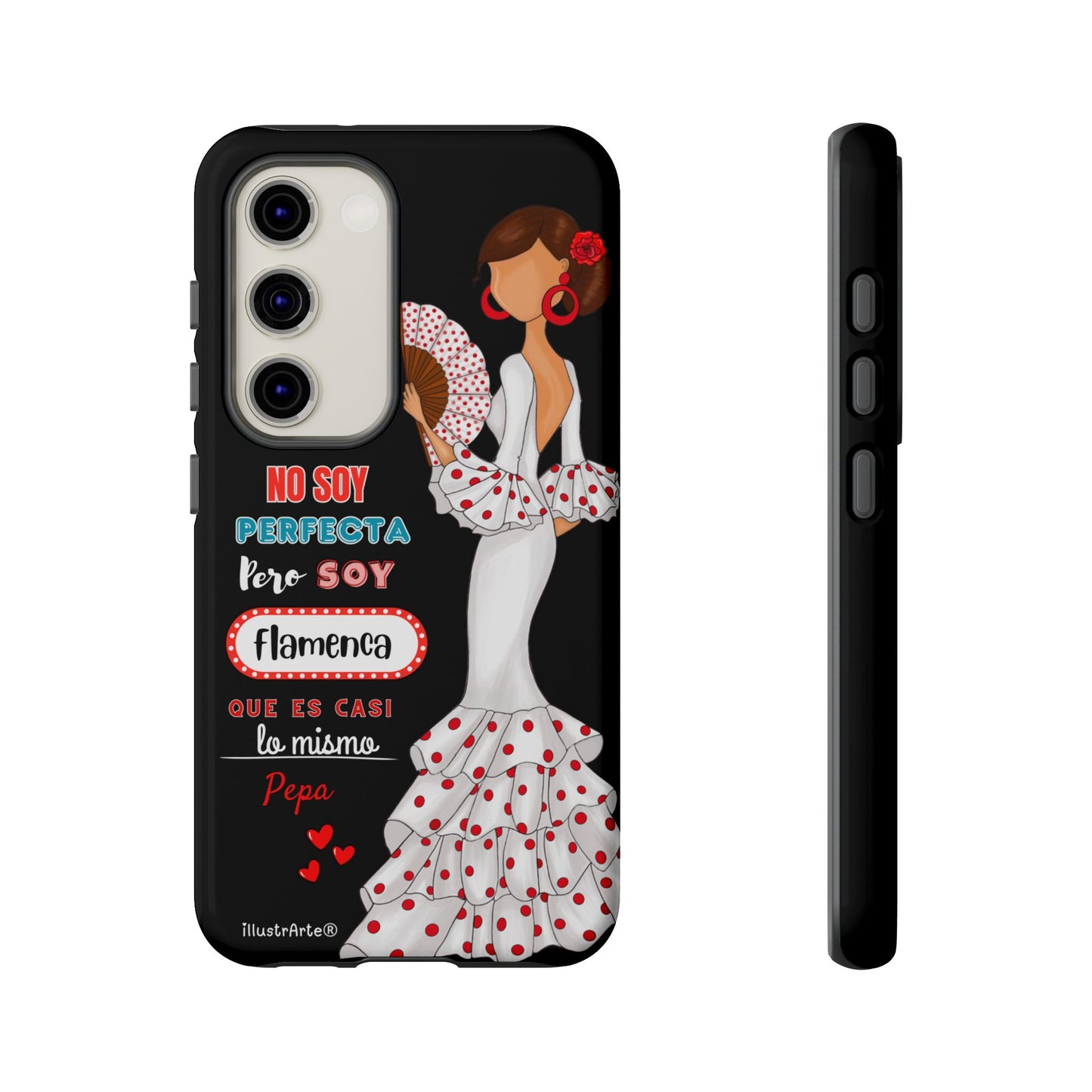 Funda de teléfono personalizable Pepa vestido blanco con frase – para iPhone, Samsung, Pixel