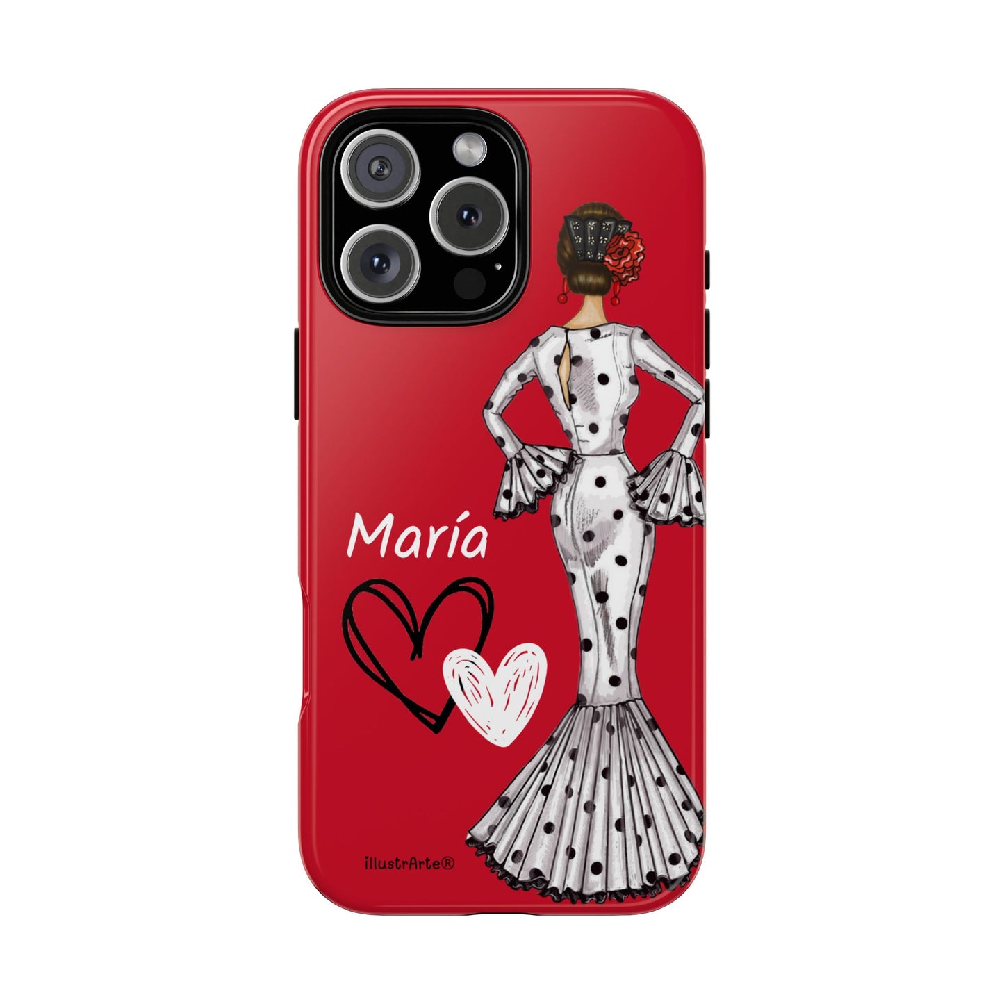 Personalized Maria phone case, white with red hearts background – for iPhone, Samsung, Pixel