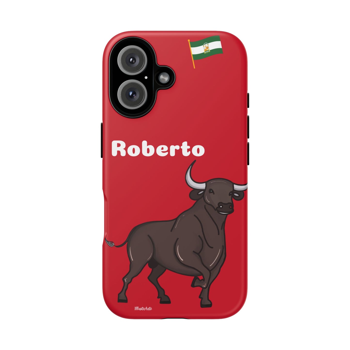 una funda de teléfono roja con un toro en ella