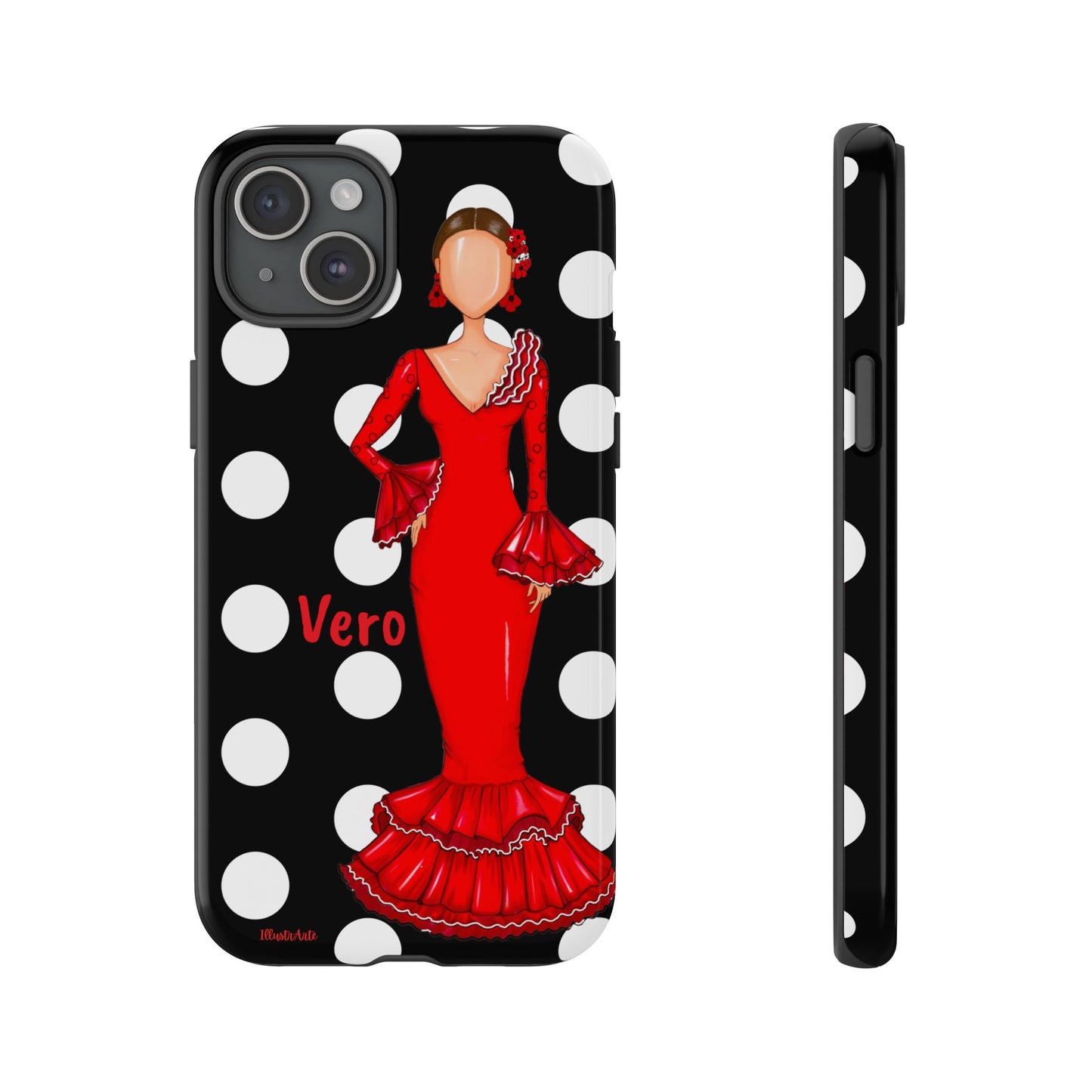 una funda de celular con una mujer en un vestido rojo