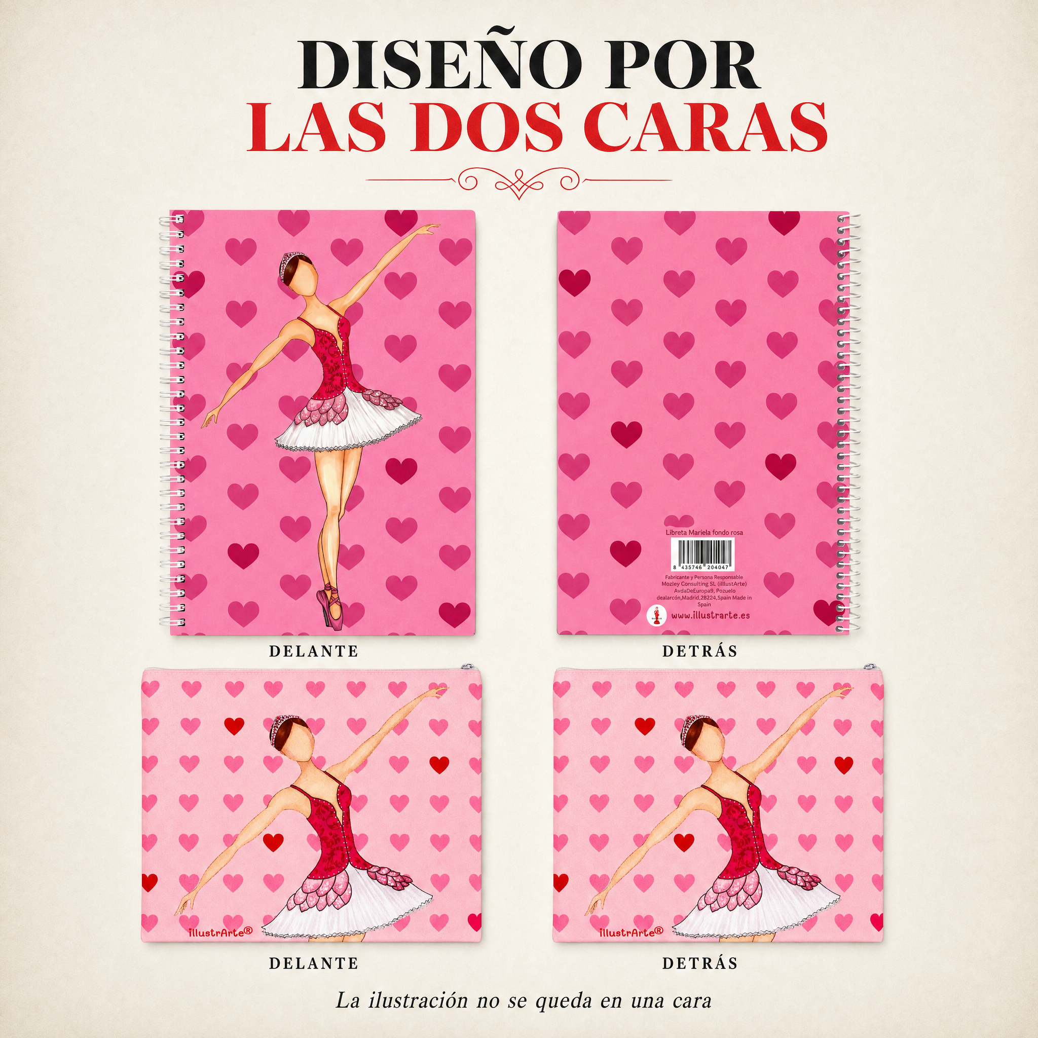 Estuche y libreta ilustrados por las dos caras, diseño Bailarina Mariela