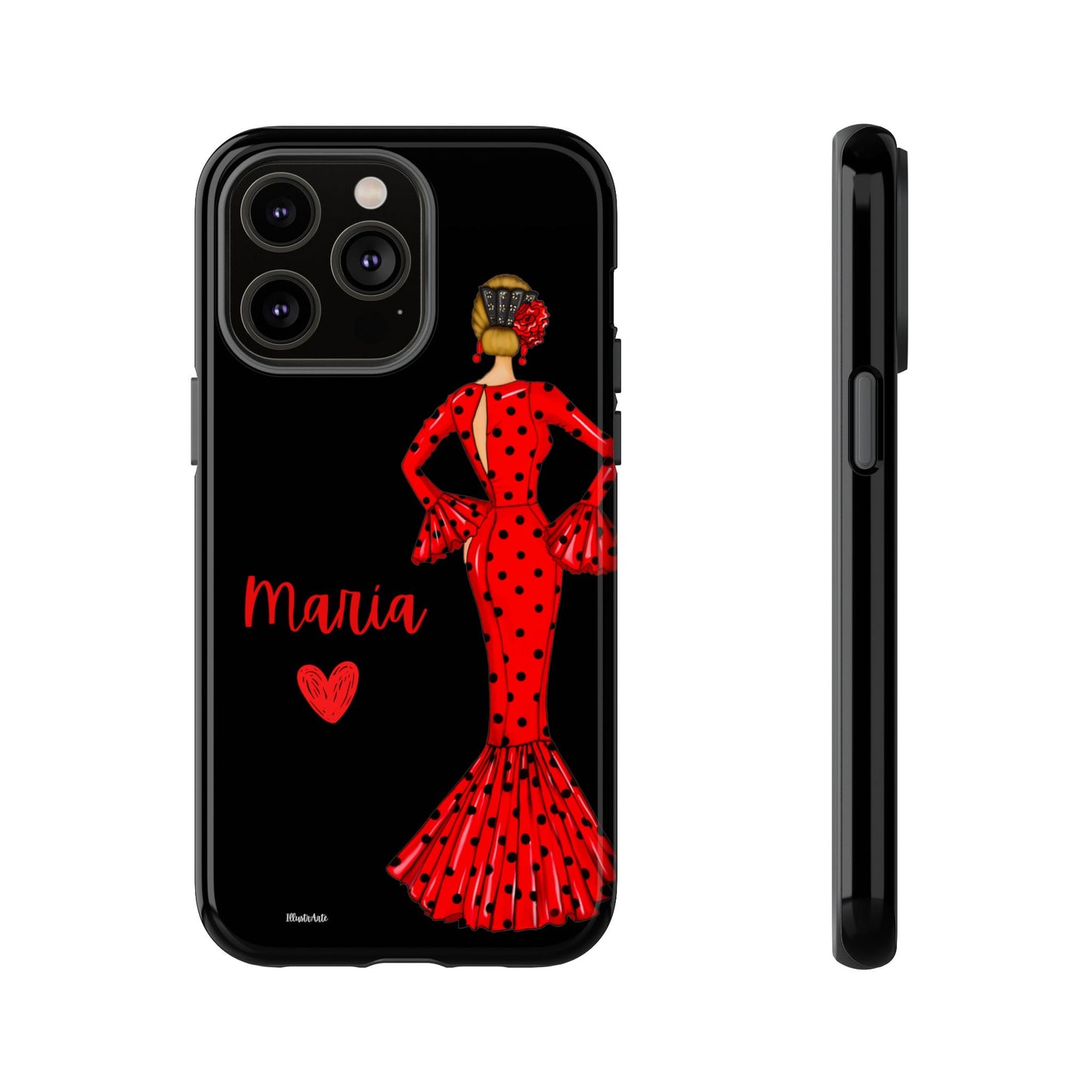 una funda de teléfono con una mujer en un vestido rojo