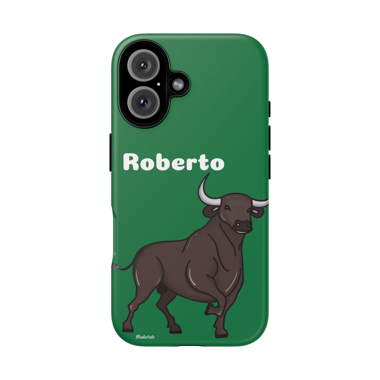 una funda de teléfono verde con un toro en ella