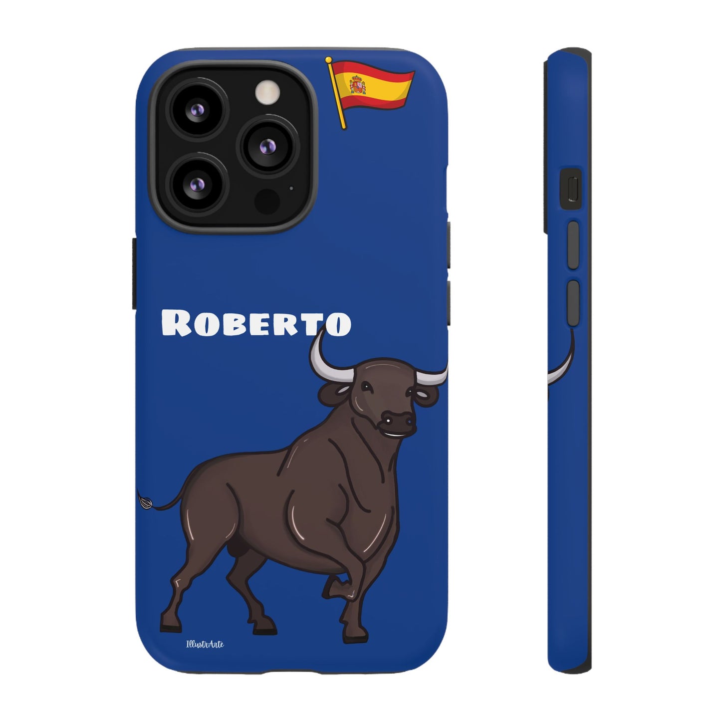 Funda de teléfono personalizable con nombre/bandera/Virgen - Modelo Toro Roberto, muestra de cómo personalizar al gusto del usuario.