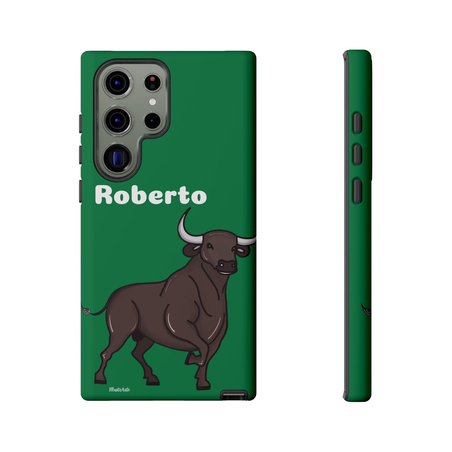 una funda de teléfono verde con un toro en ella