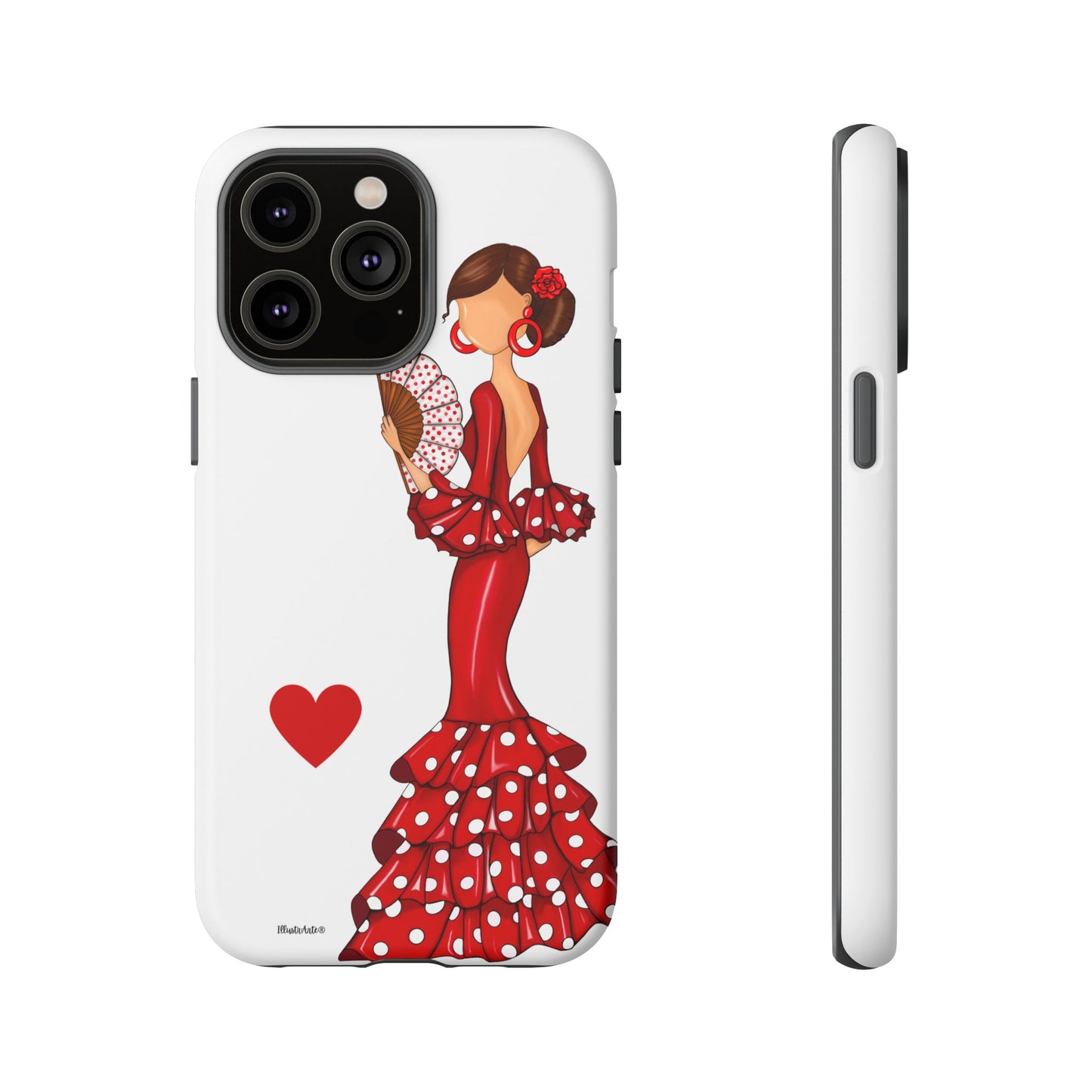 una funda de teléfono con una mujer en un vestido rojo