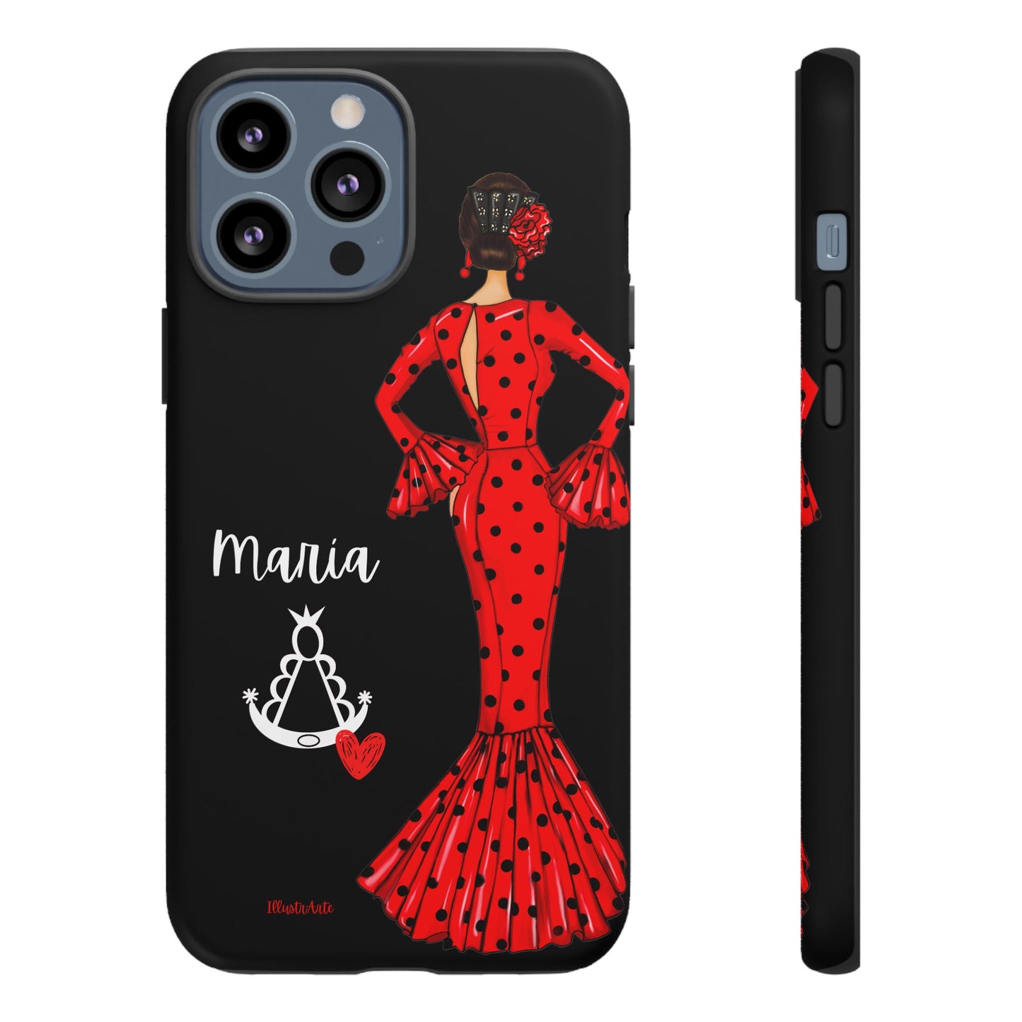 una funda de teléfono con una mujer en un vestido rojo