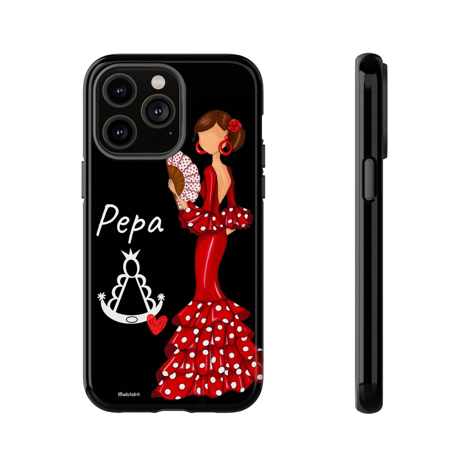 Funda de teléfono personalizable con nombre, bandera y Virgen - Modelo Pepa con fondo negro y virgencita, perfecta para iPhone, Samsung Galaxy y Google Pixel.