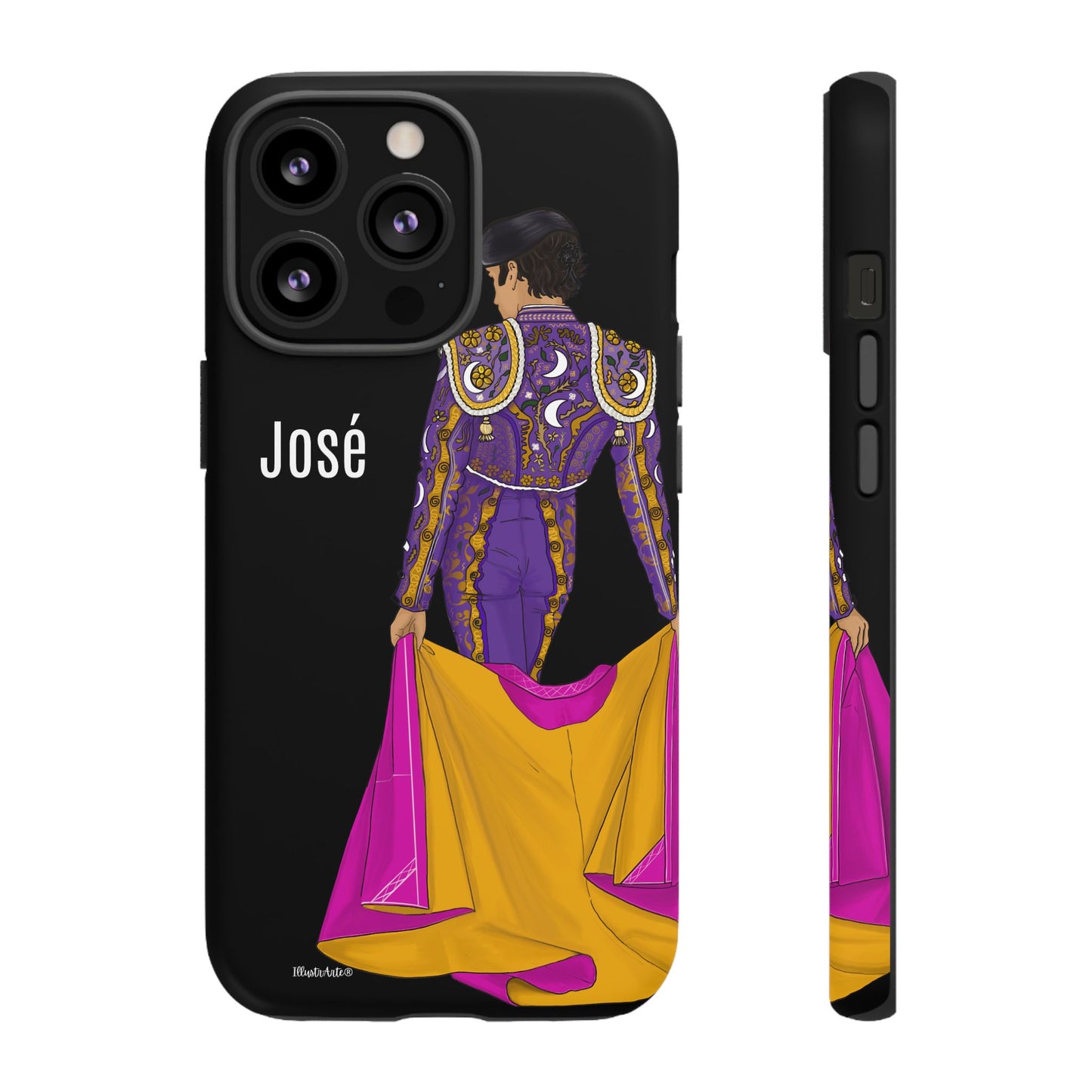 una funda de teléfono con un dibujo de una mujer en un traje morado y amarillo