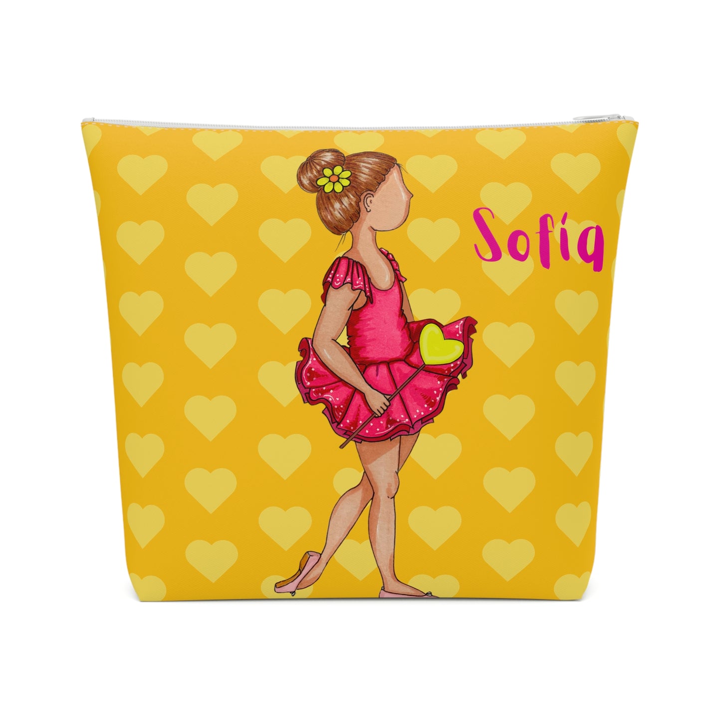 a yellow bag with a picture of a girl in a pink dress